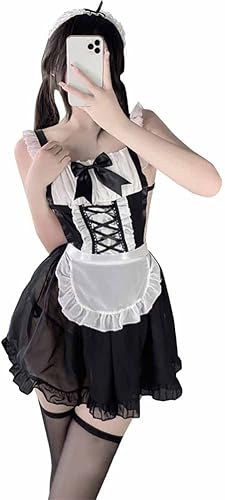 SNOMYRS Traje de sirvienta de lencería para mujer, disfraz de animé francés, travieso con delantal sexy, disfraz de sirvienta negro