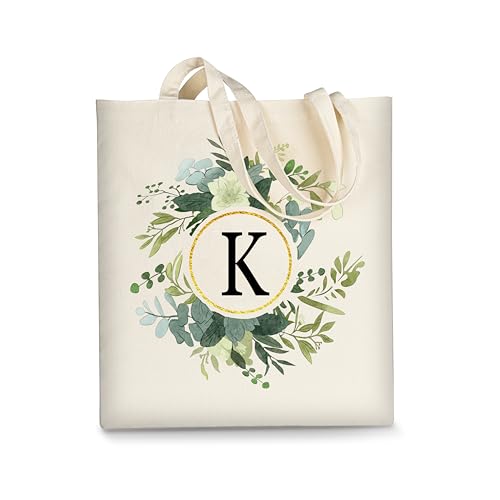 Image of AUSVKAI Canvas Tote Bag for Women, Cute Aesthetic Leaf Initial Trendy Cotton Reusable Personalized Birthday Bags