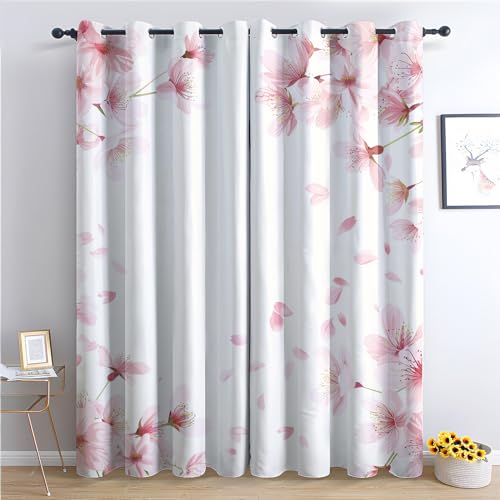 zcwl Pink Flower Curtains for Bedroom Living Room, Floral Patterned Blackout Curtains, Thermal Insulated Eyelet Curtain, 90 Drop Window Treatments Drapes, 66x90 Inch (W x L), 2 Panels
