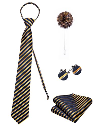 Image of Hi-Tie Zipper Ties for Men Navy Gold Striped Pre-tied Tie Set Lapel Pin Pocket Square and Cufflinks Formal Business Wedding Adjustable Necktie