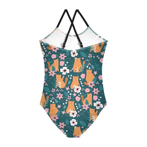 Girls One Piece Swimsuits Cute Orange Cats Flowers Bathing Suit for Girls Kids Swimwear 5t Size 62