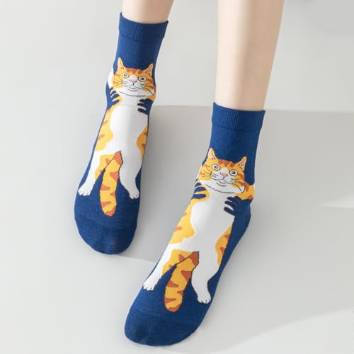 Image of 5 Pairs Cute Animal Crew Socks Fun Casual Cotton Calf Socks for Women (US, Alpha, One Size, Regular, Regular, Cartoon Cat)