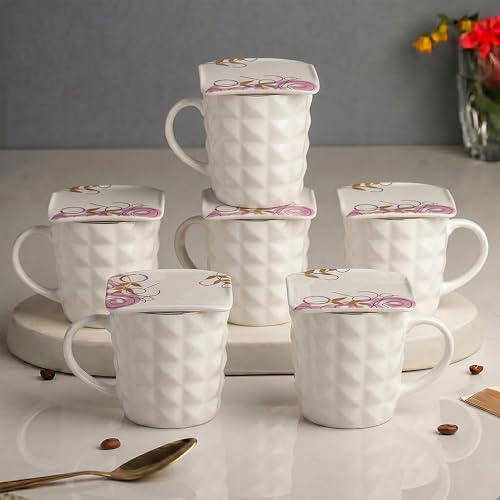 Image of U.P.C. Premium Bone China Ceramic Coffee Mug Set of 6 with 6 Coasters | Designer Tea & Coffee Cups |Printed Ceramic Mug Set | Tea Cups for Home,Office.