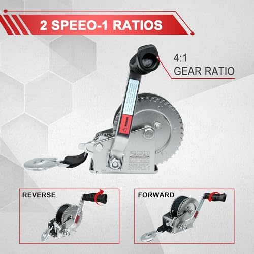 Image of OPENROAD 2000lbs Heavy Duty Boat Trailer Winch with 26FT Strap,2-Way Ratchet,4:1 Gear Trailer Winch,Portable Hand Crank Winch for Boat,Truck, Trailer, RV, ATV, Jet Ski