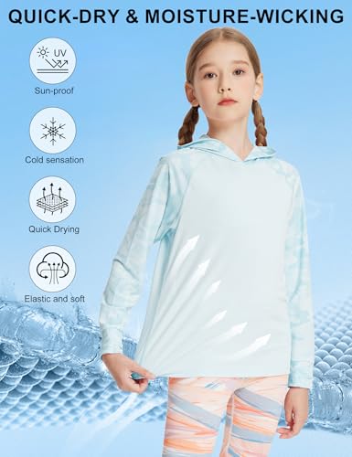 Image of Venzina UPF 50+ Kids Camo Print Hoodie Quick Dry Long Sleeve Sun Protection Shirt Boys & Girls Sport Top for Running, Dancing & Everyday Wear, Blue, 120cm