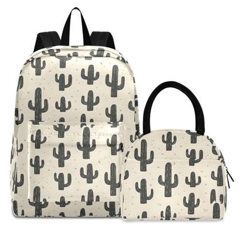 Backpack Lunch Box Set Large Capacity Travel Backpacks and Insulated Lunch Bag for Commute Hiking Picnic Cactus Pattern Print