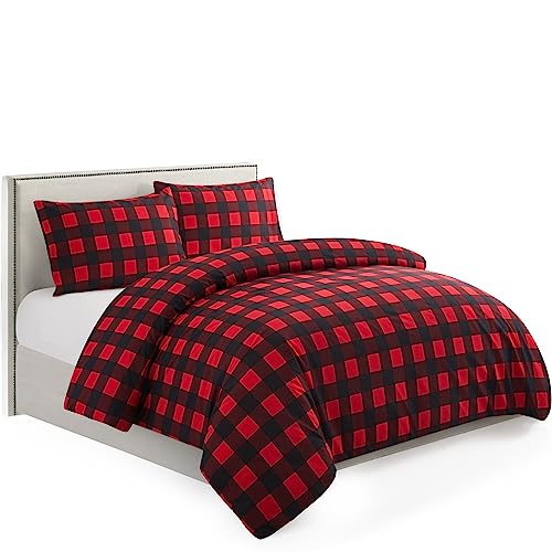 Marina Decoration Ultra Soft Silky Zipper Rich Printed Rayon From Bamboo All Season 2 Pieces Duvet Cover Set With 1 Pillowcase, Red Black Plaid Pattern Twin/Single Size #TOP7