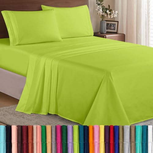 Image of Elegant Comfort Luxury 1500 Premium Hotel Quality Microfiber 4-Piece Sheet Set - Wrinkle Resistant, All Around Elastic Fitted Sheet, Deep Pocket up to 16 inch, Twin /Twin XL, Lime