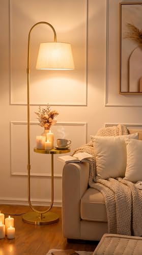 Image of Deco Crush Modern Table Shelf LED Floor Lamp Standing Brass Antique Gold Finish 5ft Height with Shelf Diameter 12inches Home Decoration, Living Room and Beige Lampshade (Pack of 1)
