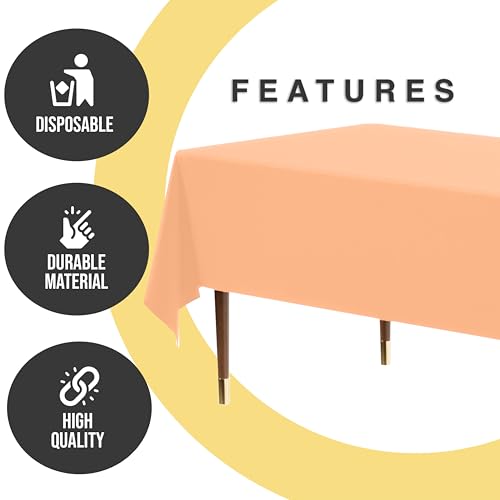 Image of Exquisite Peach Rectangle Tablecloth 54 inchx108 inch - 48 Pack | Plastic Tablecloth, Disposable Table Covers Rectangle for Parties, Weddings, Holidays & Party Supplies