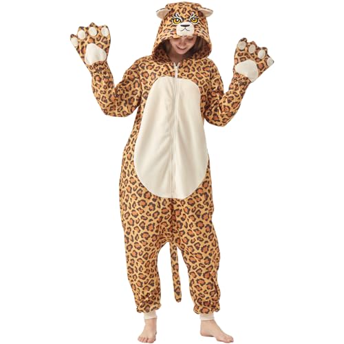 HMHMAWAHV Adult Leopard Onesie Halloween Costume Animal Cosplay One-Piece Pajamas for Women and Men