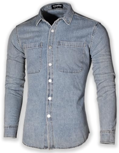 Men's Long Sleeve Slim-Fit Snap Denim Work Shirt (X-Large,Sky Blue)