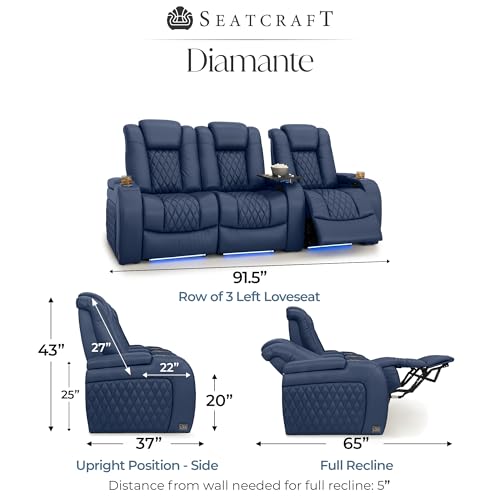 Image of Seatcraft Diamante Navy Blue Italian Leather Home Theater Seating, Zero Gravity Power Recliner, Gaming and Home Office Chair, Powered Headrest Furniture for Cinema Room, Row of 3 Left Loveseats