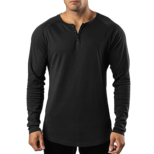 Men's V-Neck Long Sleeve Henley Shirt Muscle Fit Elastic Tee Top Casual Slim Fit Workout Shirt Undershirt (3X-Large,Black)