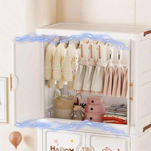 Image of Kids Plastic Wardrobe for Clothes Storage | Baby Cupboard & Almirah with Hanging Rod & Shelves | Portable Collapsible Storage Cabinet for Bedroom | Cartoon Kids Wardrobe