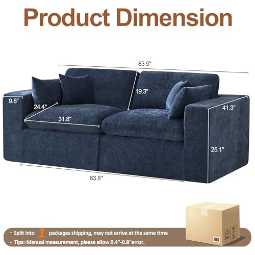 Image of 83''Cloud Boneless Sectional Couch, Modular Sectional Sofa Deep Seat, Upholstered Convertible Comfy Loveseat Chenille Memory Foam Sofa Couches for Living Room, Navy
