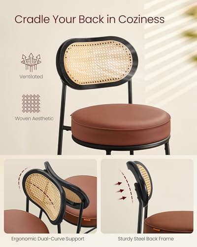 Image of VASAGLE Bar Stools Set of 2, Bar Height Stools with Rattan Back and Metal Legs, 25.1-Inch Tall Counter Chairs, Modern Leather Upholstered Barstools for Kitchen Island Dining Room, Caramel Brown