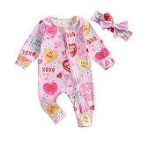 Lamuusaa Newborn Baby Girl Valentines Day Outfit Heart Long Sleeve Romper Zipper Bodysuit Jumpsuit with Headband (Pink, 0-3 Months)