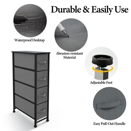 Sehloran Narrow Dresser Storage Tower Stand With 4 Removable Slim Fabric Drawer, Chests Of Drawers, Dresser Organizers Unit For Bedroom, Entryway, Closets, Wood Top, Gray #TOP5