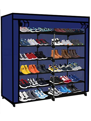 Image of Multi Utility 12 Layer Shelf Collapsible Metal Pipes with Non-Woven 100GSM Fabric Cover for Shoe /Cloth /Toy /Books Rack (Dark Blue, Metal)