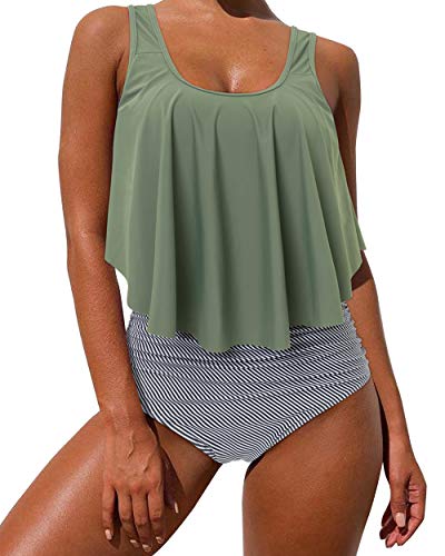 MOSHENGQI Swimsuits for Women Two Piece Ruffler Flouce Top Tankini High Waisted Bathing Suits Tummy Control(XXL,Green-Stripe)