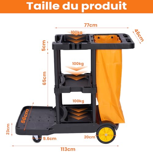 mosegor Putzwagen Reinigungswagen Profi, Reinigungswagen mit 65L Tasche,4 Rollen Einigungswagen für Gewerbe Hotelservice, Gastronomie, Großküche, 113 x 56 x 93 cm