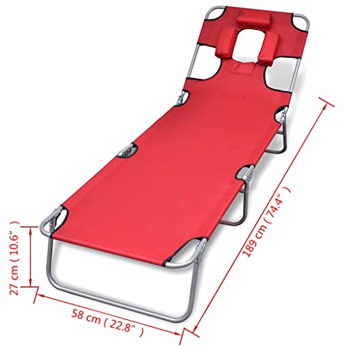 Zentexion Folding Sun Lounger with Adjustable Headrest Red Powder-Coated Steel Frame Polyester Fabric Large 22.8 x 74.4 in Outdoor Beach Patio Zero Gravity Chair