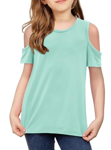 Yoklass Girls Short Sleeve Shirts Cute Crew Neck Cold Shoulder Tee Top 5-14 Years2