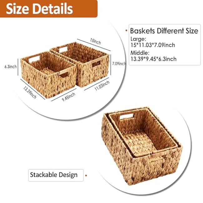 Wicker Baskets 2 Pack, Water Hyacinth Rectangular Storage Basket with Handles, Large for Organizing, Natural