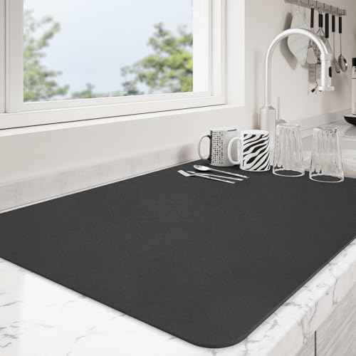Ecotrim - Dish Drying Mat for Kitchen Counter | Coffee Bar Mat for Countertops | Heat Resistant Drainer Mat with Non-slip Rubber Backed | Hide Stain Kitchen Absorbent Draining Mat | Black 16