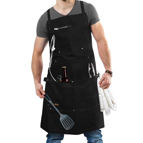 ecoZen Lifestyle Chef Apron for Men (10 oz Cotton) for Kitchen, BBQ, Cooking and Grill - Professional Grade - Adjustable (M to XXL) for Comfort Fit & Pockets - Aprons