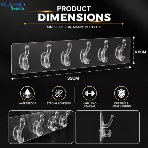 Image of KONVIO NEER Self Adhesive 6-Hook Wall Hanger, Pack of 2 Transparent | Strong self-adhesive wall hooks with 6-hook design for hanging towels, keys, clothes and kitchen essentials without drilling.