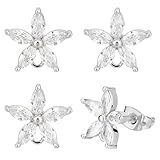 Beebeecraft 1 Caja con 10 Pendientes de Circonita Cúbica Y 925 Pendientes de Flor de Latón Bañados En Plata de Ley con Aro Colgante Y Tuercas para Pendientes (Agujero de 1.5mm).