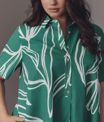 Image of Women's Short Sleeve Swing Tunic Mini Dress Button Up Blouse Shirt Summer Loose Casual Flowy A Line Short Dresses Green Flower