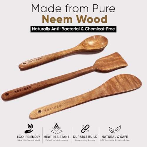Image of SOLARA Neem Wooden Spatula Set of 3, Wooden Ladle, Skimmer, Dosa Spatula Kitchen Tools, Naturally Antibacterial Eco-Friendly & Non-Toxic Ideal for Non-Stick Cookware