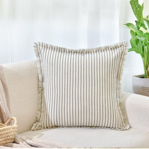Image of ZWJD Throw Pillow Covers 26x26 Set of 2 Striped Pillow Covers with Fringe Chic Cotton Decorative Euro sham Pillows Square Cushion Covers for Sofa Couch Bed Living Room Farmhouse Decor, (Gray)