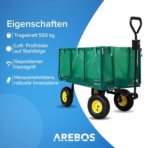 Arebos Bollerwagen | Gartenwagen | mit Profilreifen | 550kg belastbar | faltbar | grün | herausnehmbare Plane | kugelgelagerte Stahlfelgen | inkl. Handgriff & Deichsel | Plattformwagen