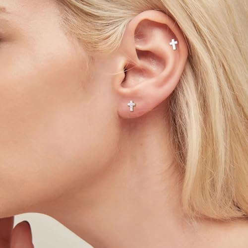 925 Sterling Silver Flat Back Studs Screw Back Earrings White Gold Plated CZ Heart Cross Lightning Snake Butterfly Tragus Helix Nap Flatback Stud Earrings Piercing Earring for Women3