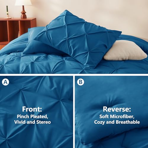 CozyLux King Size Comforter Set Teal, 7 Pieces Pintuck Bed in A Bag Teal Comforter King Size, Pinch Pleat Bedding Set with All Season Comforter, Sheets, Pillowcases & Shams