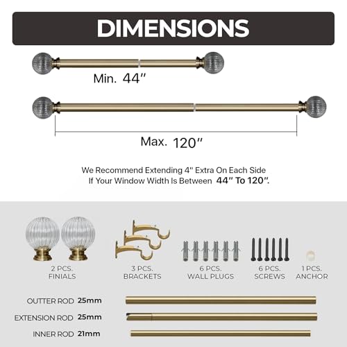 Image of Deco Window Adjustable Curtain Rod for Windows 44 to 120 Inch (Pack of 1) Extendable Heavy Duty 1 Inch Glass ball with Finials Wall Mounted Curtain Rods (Warm Gold)