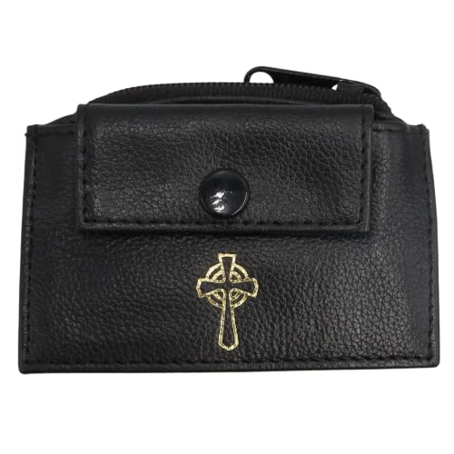 Mens Womens Catholic Gift Black Leather Rosary Case with Zipper Closure and Snap Frong Pocket Gold Stamp Irish Celtic Cross Design