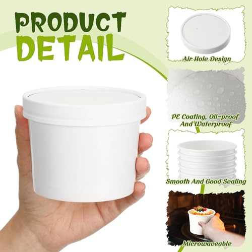 Image of Fulmoon 12 oz 100 Pack Paper Containers with Lids Soup Bowl Cup, White | Disposable Ice Cream Cup, Kraft Food Containers with Vented Lid Stackable for Hot Soup Dessert Cake Fruit Microwave Takeout