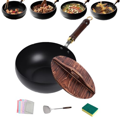 Wok japonés de hierro fundido con tapa y espátula 30 cm miniatura 1