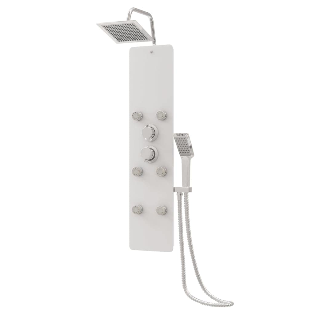 Pannello doccia in vetro bianco, 25 x 47,5 x 130 cm, con doccia a pioggia, getti massaggianti, doccetta a mano in acciaio inox, per bagno, benessere, relax e facile retrofit