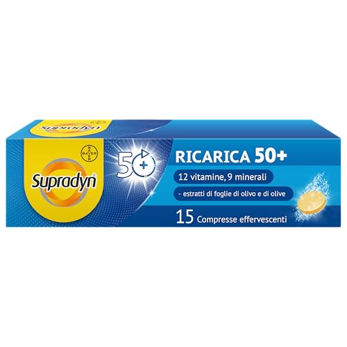 Supradyn Ricarica 50+ Integratore Multivitaminico Completo Vitamina B12, C, D, e Minerali, Zinco per Stanchezza Fisica e Concentrazione dai 50 Anni Uomo e Donna, 15 Compresse Effervescenti