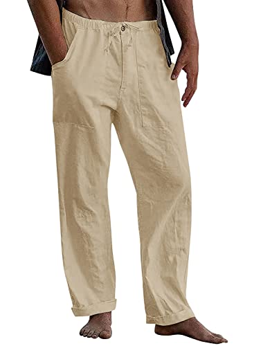 FANARCHER Men’s Cotton Linen Pants Drawstring Loose Beach Pants with Pockets