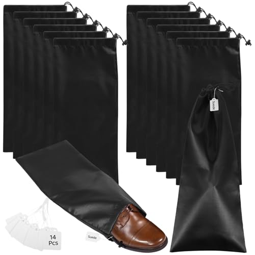 JUSTDOLIFE 14 PCS Shoe Bags for Travel, Portable Black Satin Fabric Shoe Cover for Men and Women, Shoe Bags for Storage, Drawstring Single Leather Shoe Bag with Blank Labels