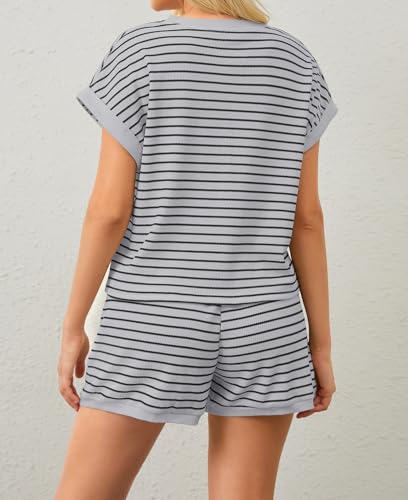 Image of MISSACTIVER 2 Piece Lounge Set Women Stripe Knit Short Sleeve Tee Shirts Shorts Casual Summer Loungewear Shorts Sets