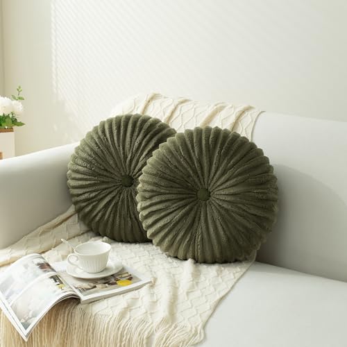 Image of HIG Set of 2 Olive Flannel Decorative Round Pleated Throw Pillows