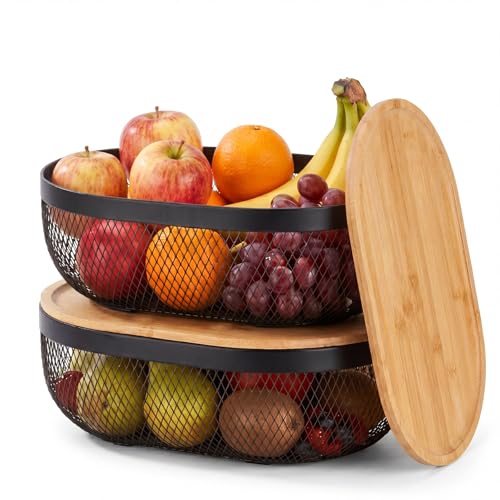 Yiyiring 2 Pcs Oval Metal Mesh Storage Baskets with Tray Lids Black Wire Organizer for Kitchen Countertop Multi-functional Fruit and Bread Baskets for Home Cabinet and Decorative Storage